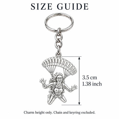 Free Falling Skydiver Charm Keychain – size guide, 3.5 cm (1.38 in) charm, chain and keyring excluded