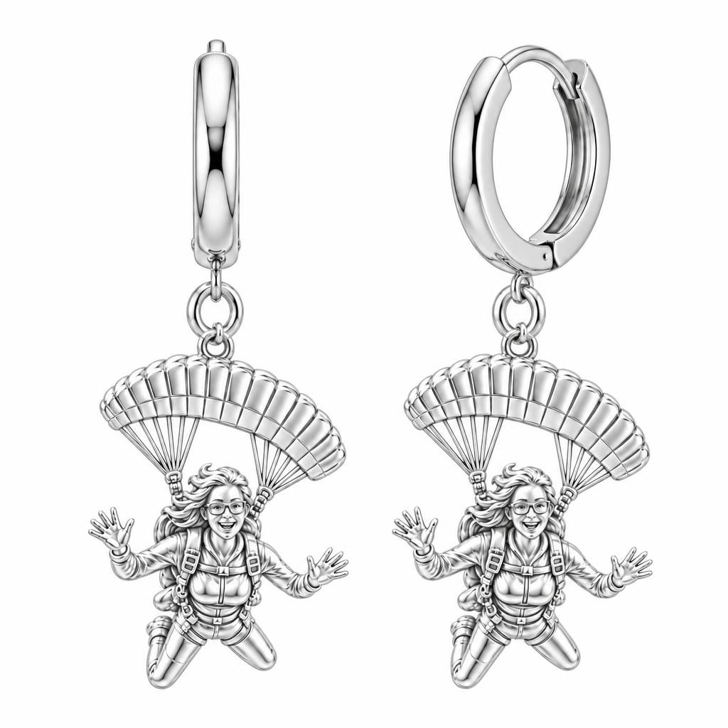 Free Falling Skydiver Huggie Charm Earrings – silver, front view