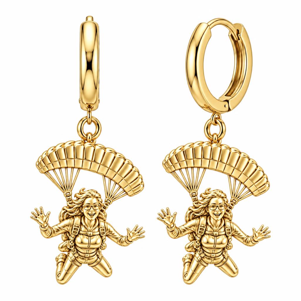 Free Falling Skydiver Huggie Charm Earrings – 18K gold, front view