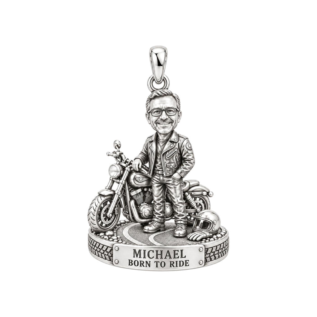 Free Spirit Biker Charm Bracelet – Personalized Dad Gift – silver plated 3 cm charm, front view