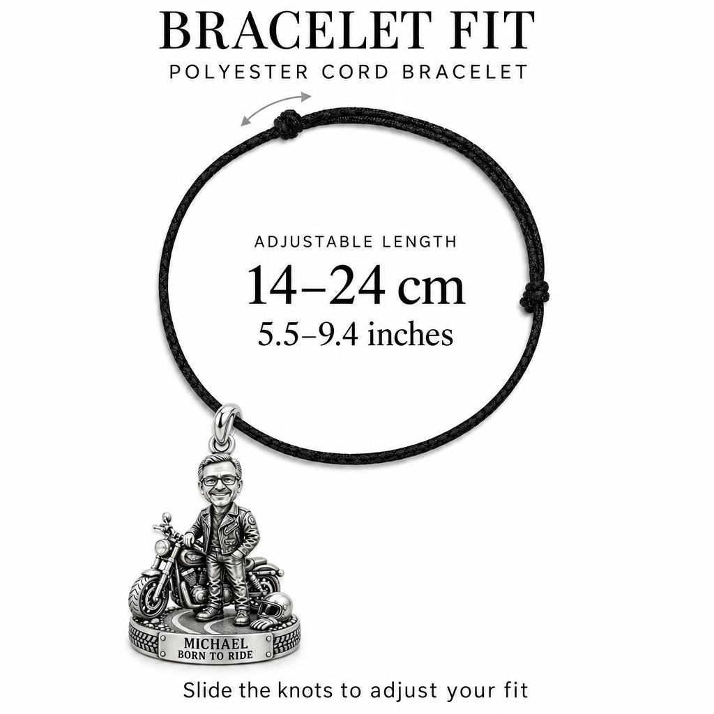 Free Spirit Biker Charm Bracelet – Personalized Dad Gift – adjustable black cord bracelet, 14–24 cm