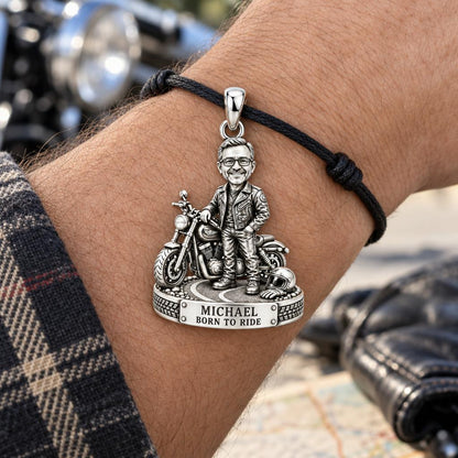 Free Spirit Biker Charm Bracelet – Personalized Dad Gift – worn on the wrist on a black cord bracelet