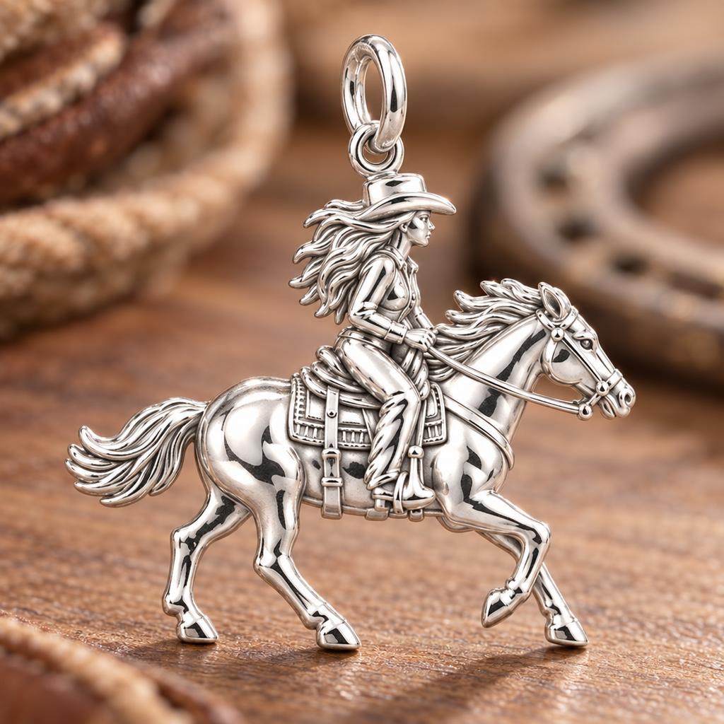 Free Spirit Cowgirl Charm Bracelet – Personalized Horse Lover Gift – macro detail of the charm