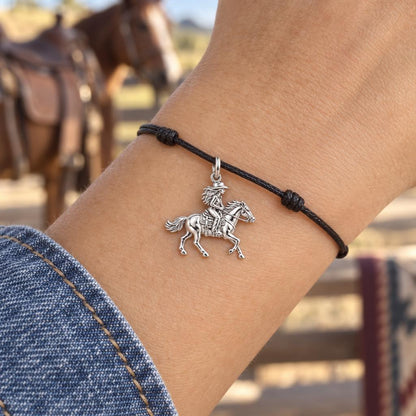 Free Spirit Cowgirl Charm Bracelet – Personalized Horse Lover Gift – worn on the wrist on a black cord bracelet