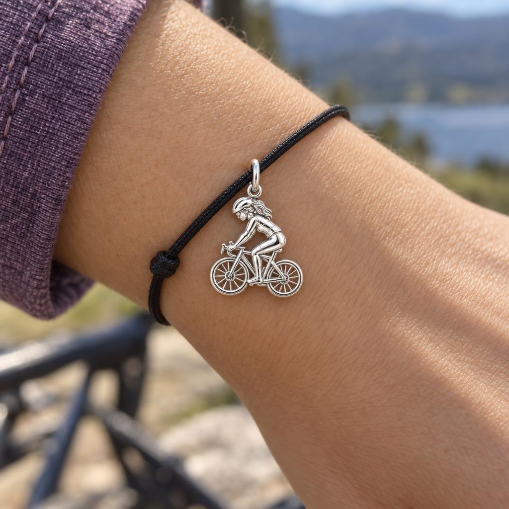 Free Spirit Cyclist Charm Bracelet – Personalized Athlete Gift – worn on the wrist on a black cord bracelet