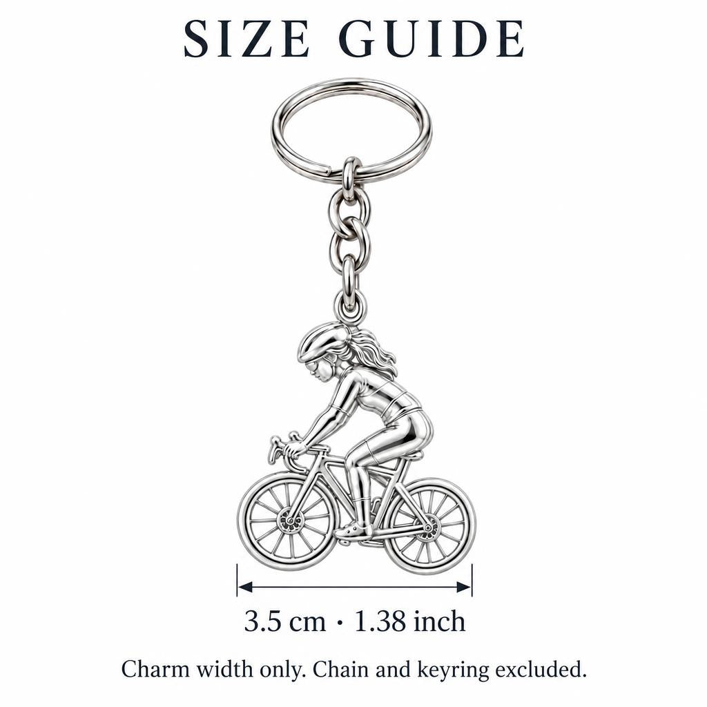 Free Spirit Cyclist Charm Keychain – size guide, 3.5 cm (1.38 in) charm, chain and keyring excluded