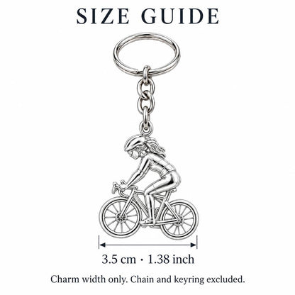 Free Spirit Cyclist Charm Keychain – size guide, 3.5 cm (1.38 in) charm, chain and keyring excluded