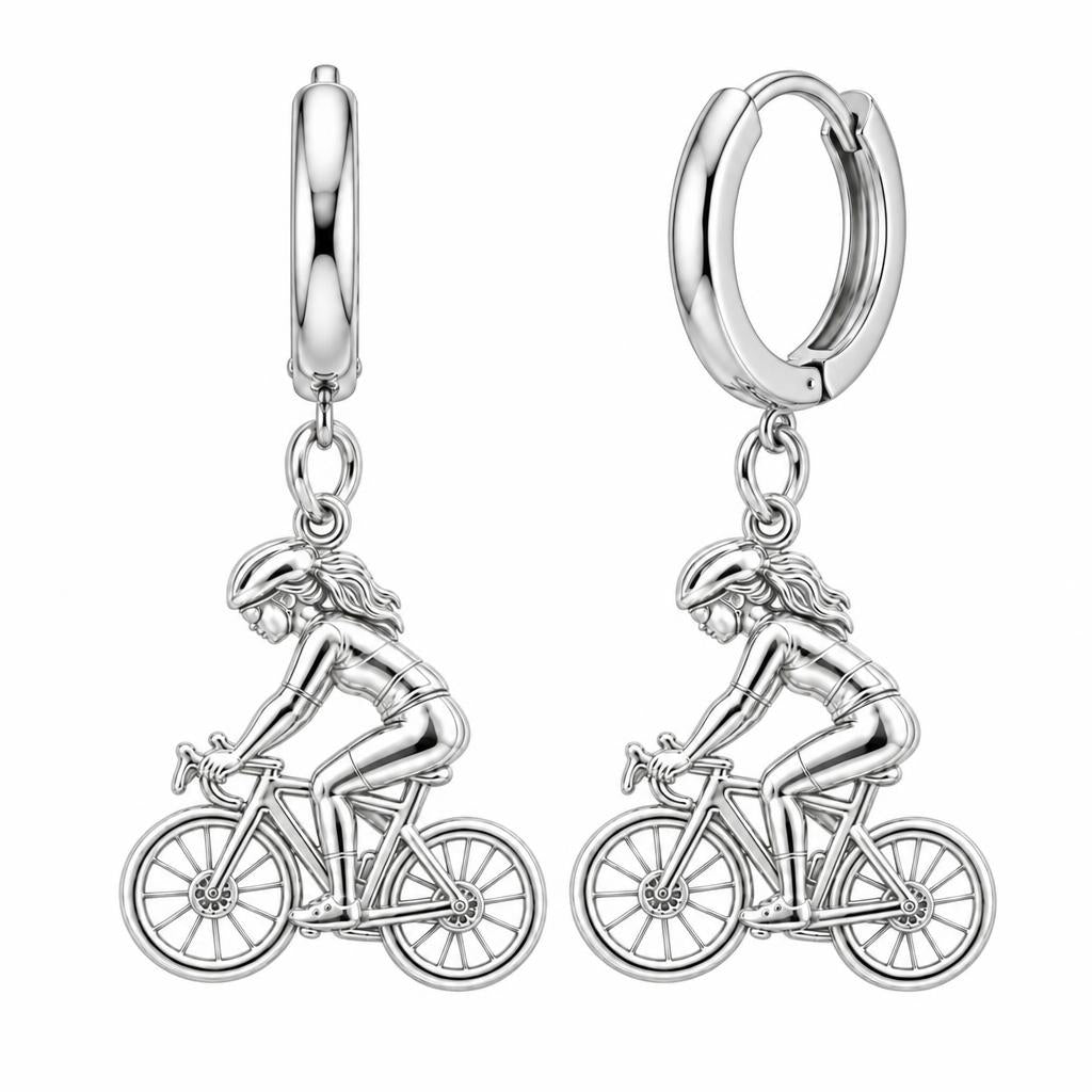 Free Spirit Cyclist Huggie Charm Earrings – silver, front view
