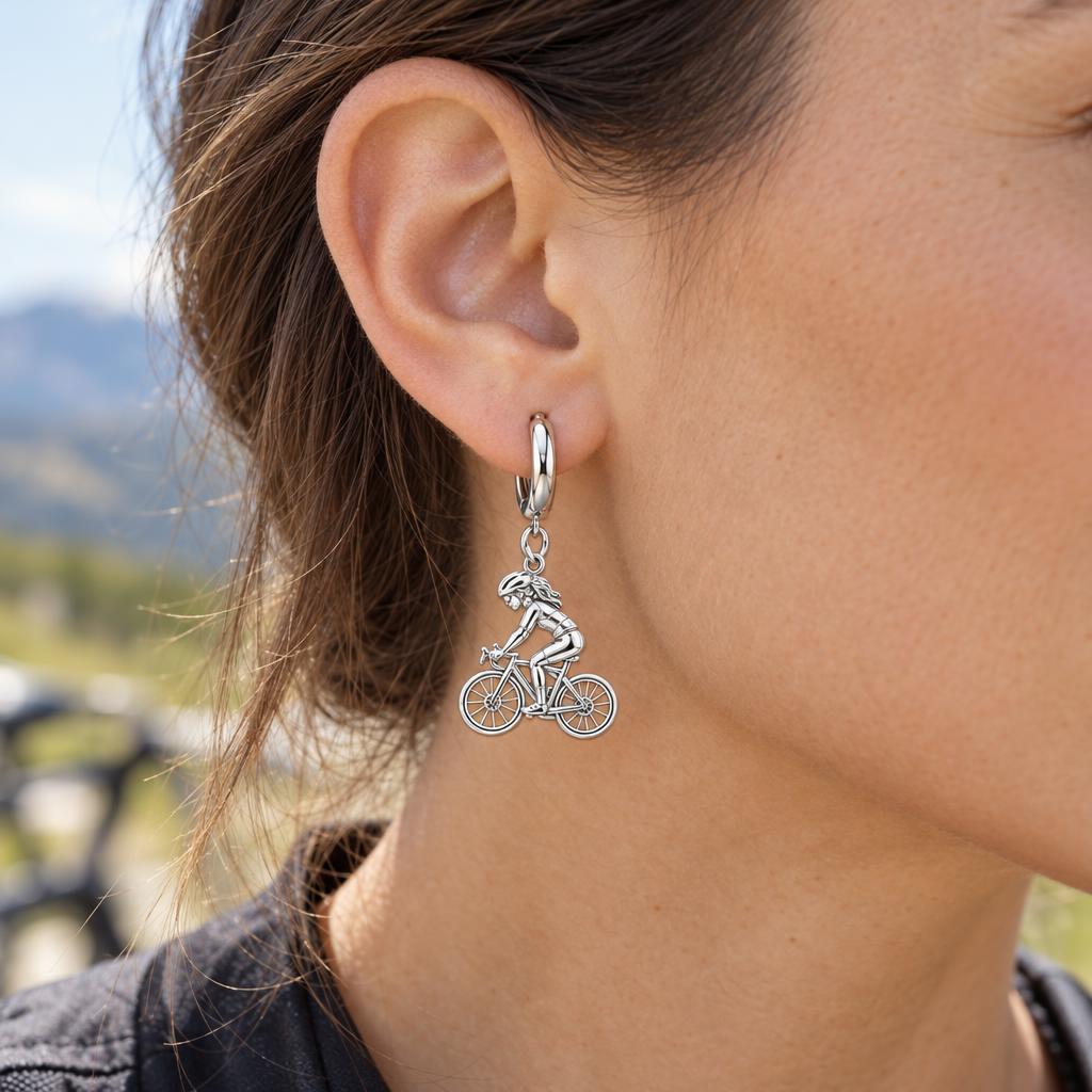 Free Spirit Cyclist Huggie Charm Earrings – worn / in use