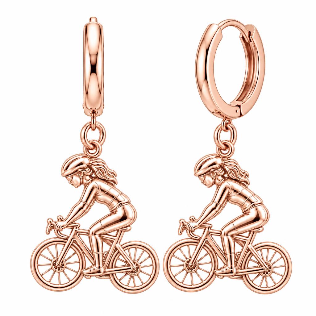 Free Spirit Cyclist Huggie Charm Earrings – rose gold, front view