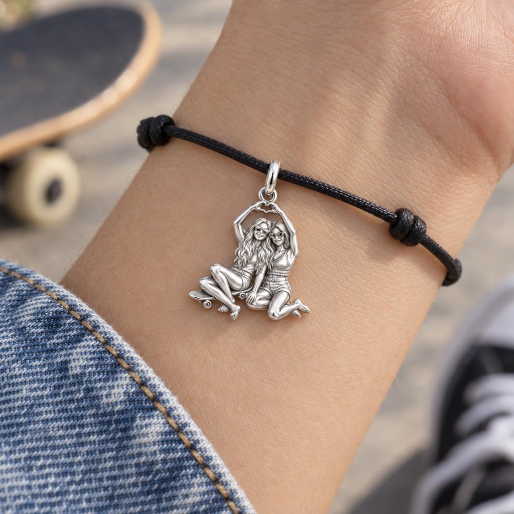 Friends Through Every Chapter Charm Bracelet – Personalized Bestie Gift – worn on the wrist on a black cord bracelet