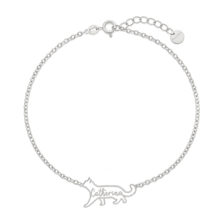 Silver custom cat silhouette bracelet featuring a walking cat outline with the name Catherine integrated inside.