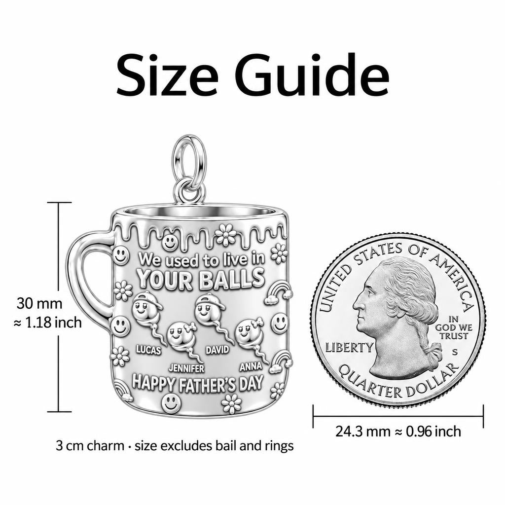 Funny Dad Mug Charm Bracelet – Personalized Dad Gift – size guide, 3 cm charm next to a quarter