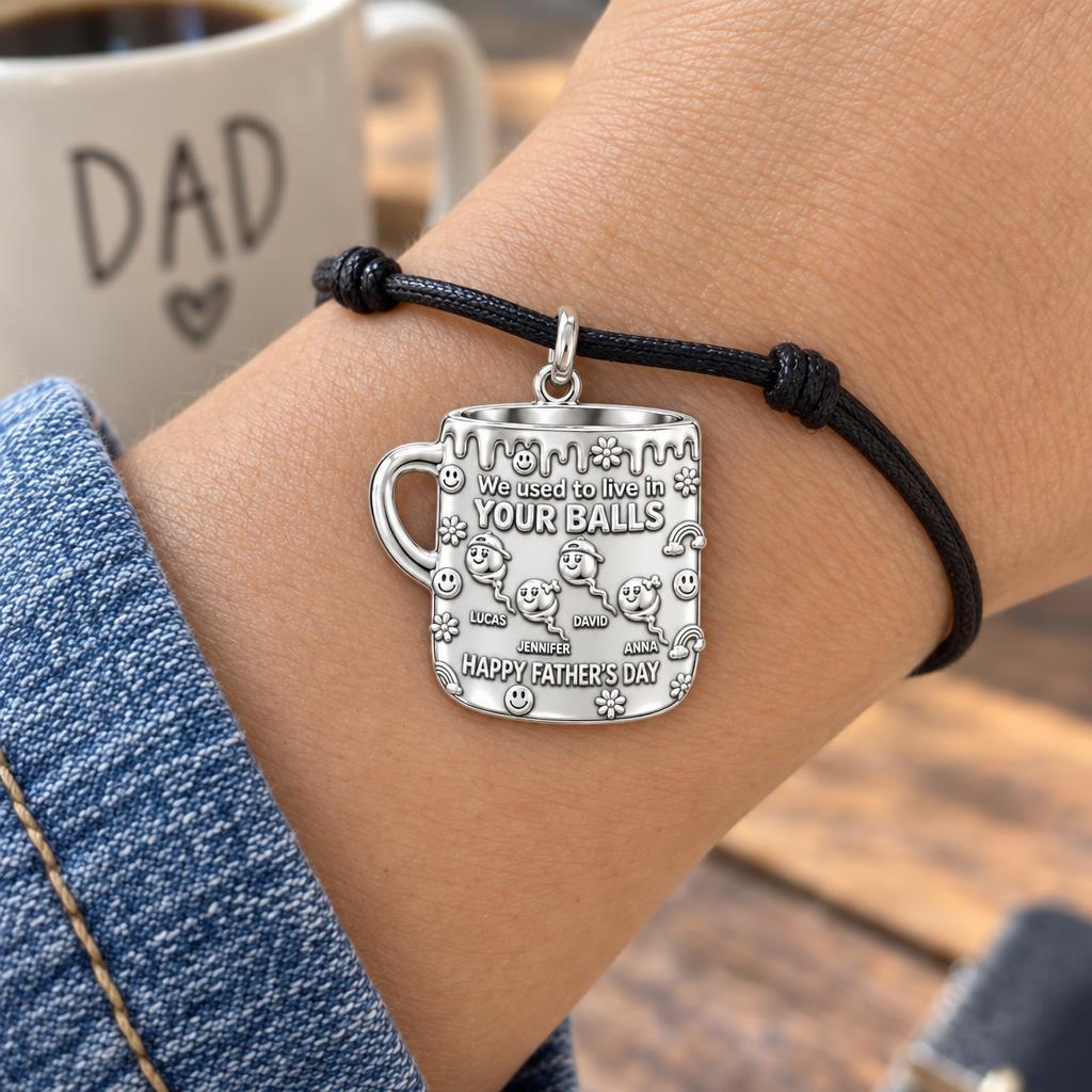 Funny Dad Mug Charm Bracelet – Personalized Dad Gift – worn on the wrist on a black cord bracelet