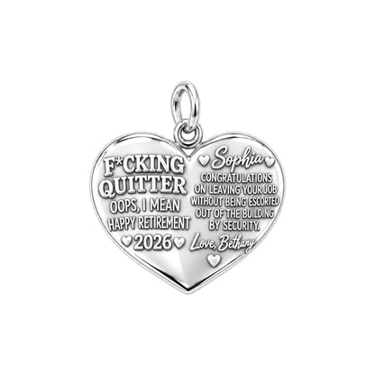 Funny Retirement Heart Charm Bracelet – Personalized Coworker Gift – silver plated 2 cm charm, front view