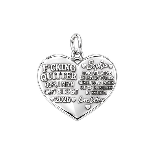 Funny Retirement Heart Charm Bracelet – Personalized Coworker Gift – silver plated 2 cm charm, front view