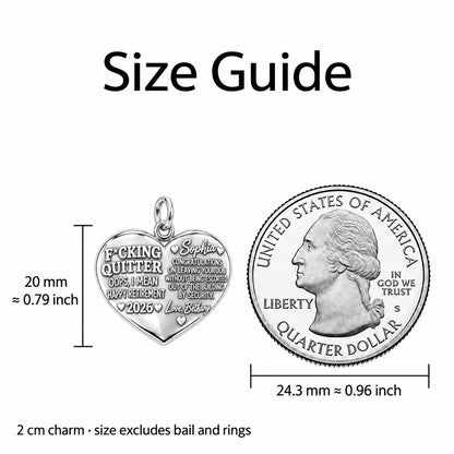 Funny Retirement Heart Charm Bracelet – Personalized Coworker Gift – size guide, 2 cm charm next to a quarter