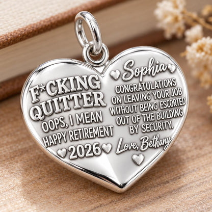 Funny Retirement Heart Charm Bracelet – Personalized Coworker Gift – macro detail of the charm