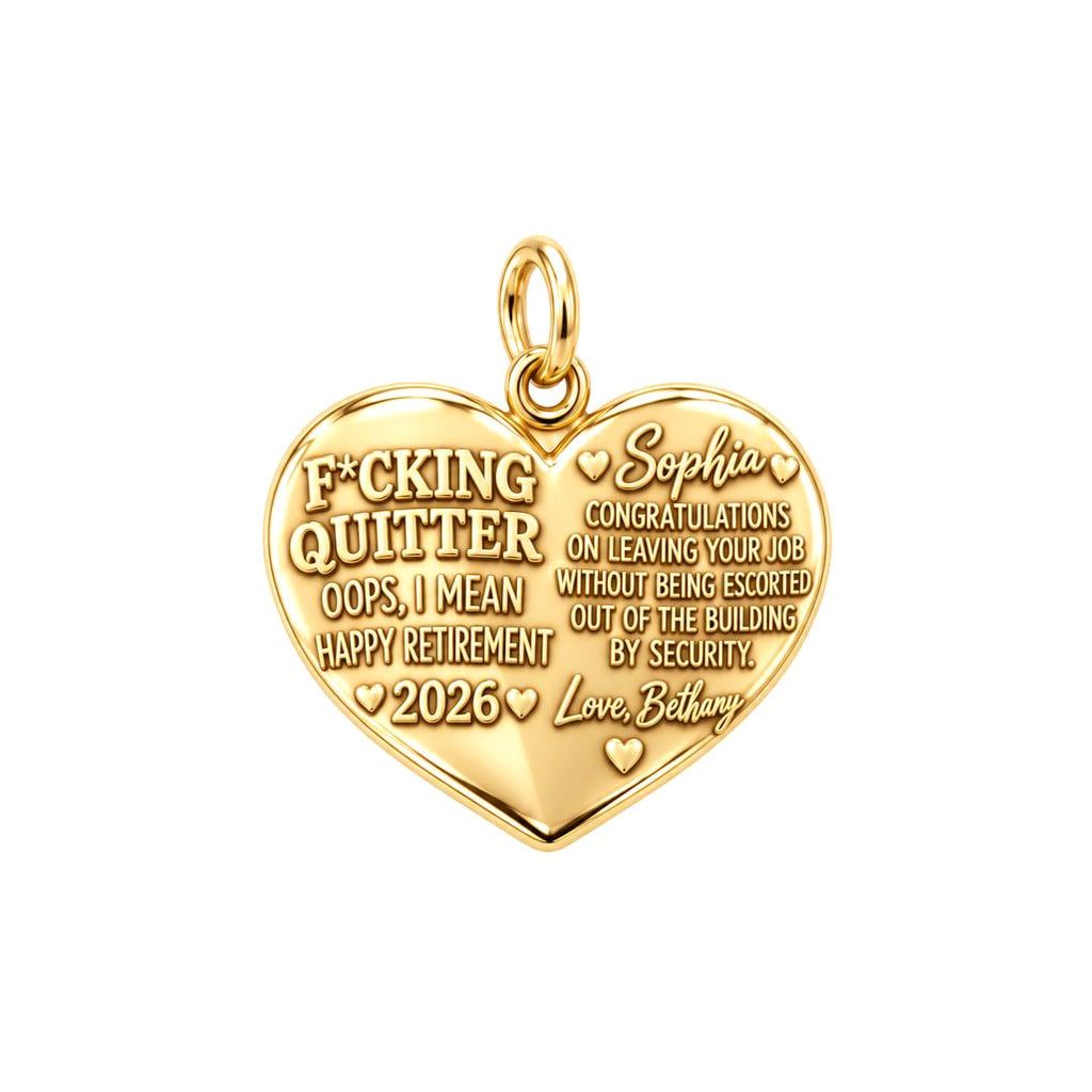 Funny Retirement Heart Charm Bracelet – Personalized Coworker Gift – 18K gold plated 2 cm charm, front view