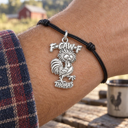 Funny Screaming Rooster Charm Bracelet – Personalized Dad Gift – worn on the wrist on a black cord bracelet