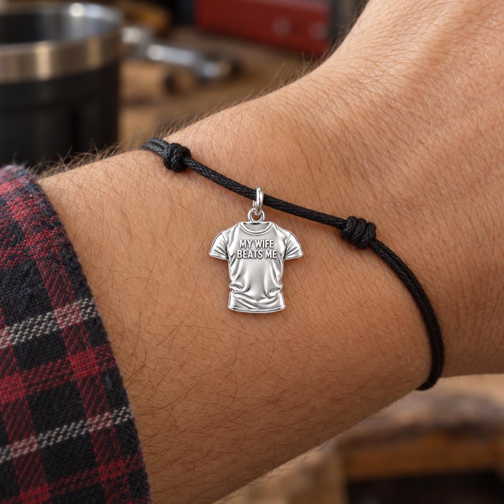 Funny Tee Charm Bracelet – Personalized Husband Gift – worn on the wrist on a black cord bracelet