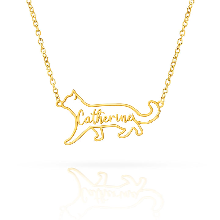 Gold plated custom cat silhouette necklace featuring a walking feline outline with the name Catherine inside.