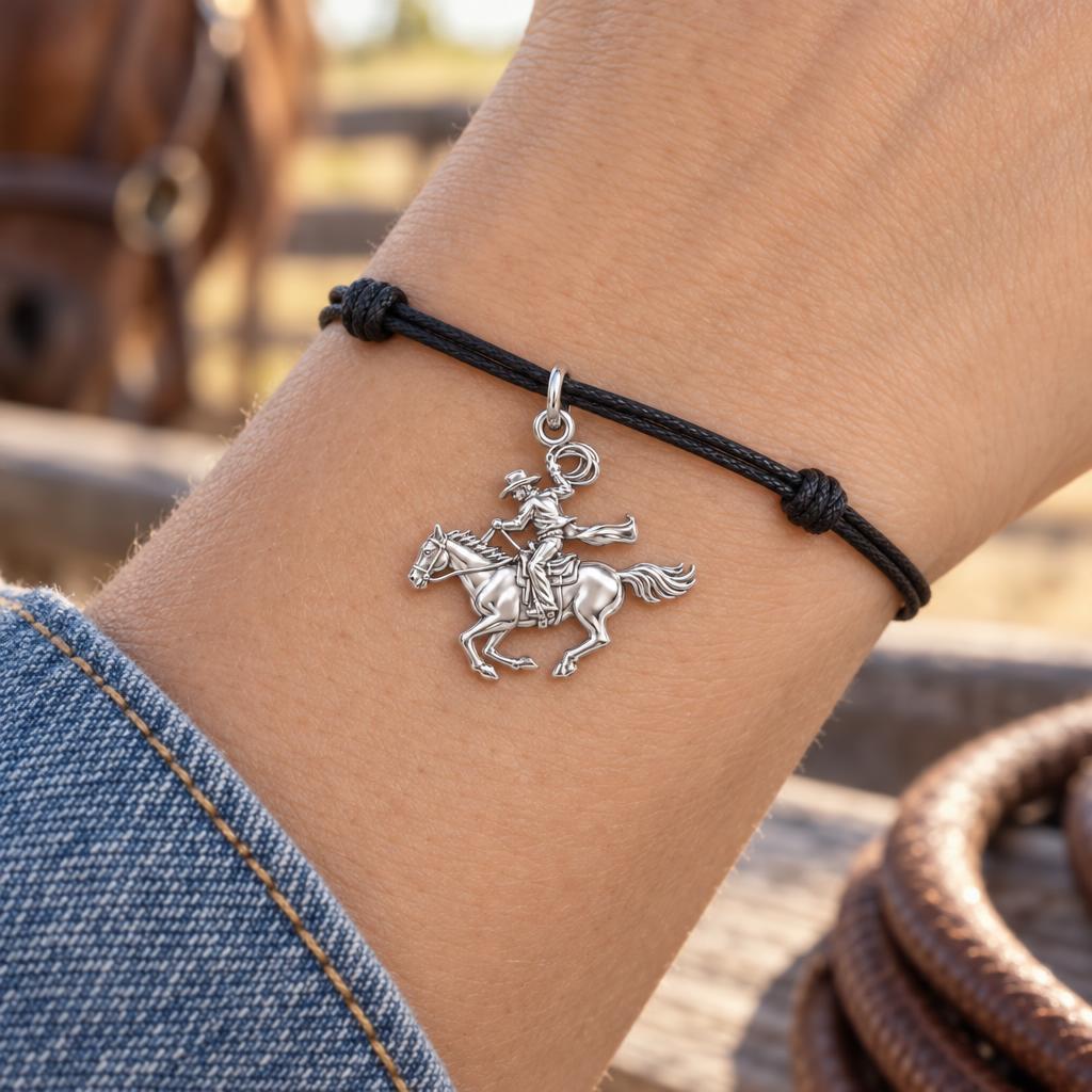 Galloping Cowboy Charm Bracelet – Personalized Horse Lover Gift – worn on the wrist on a black cord bracelet