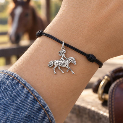 Galloping Grace Charm Bracelet – Personalized Horse Lover Gift – worn on the wrist on a black cord bracelet