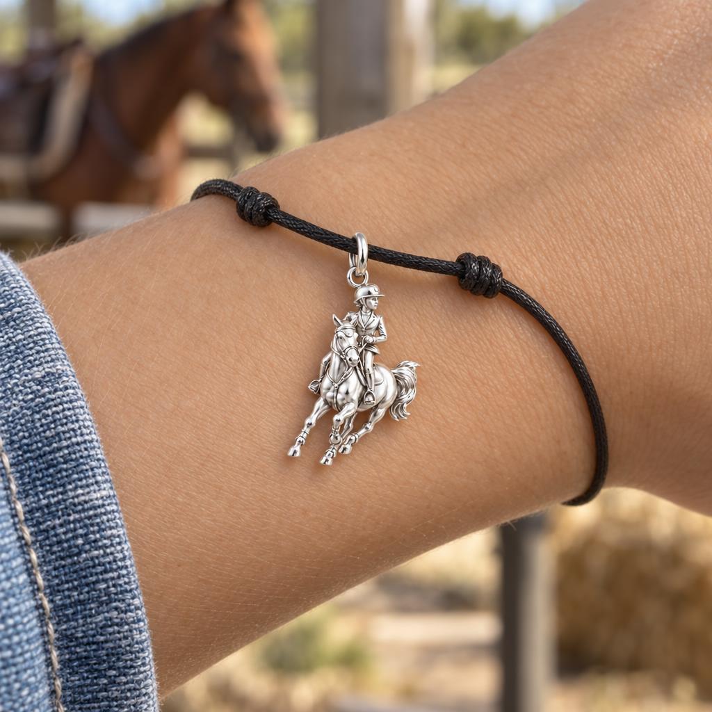Galloping Rider Charm Bracelet – Personalized Horse Lover Gift – worn on the wrist on a black cord bracelet