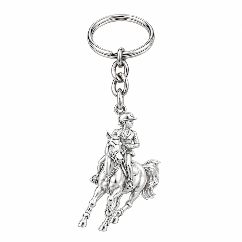 Galloping Rider Charm Keychain – silver, front view