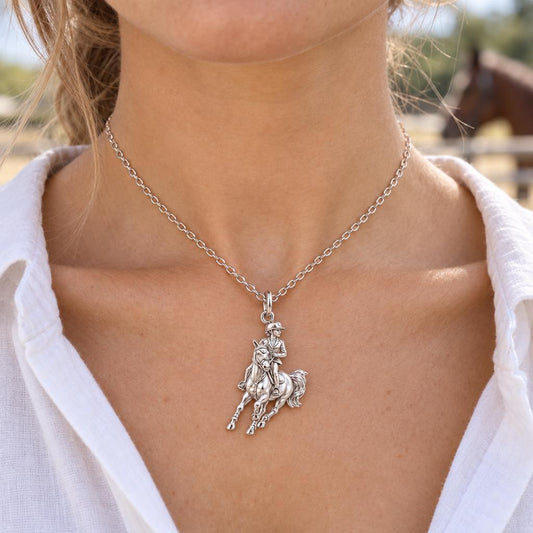 Galloping Rider Charm Necklace Set – worn / in use