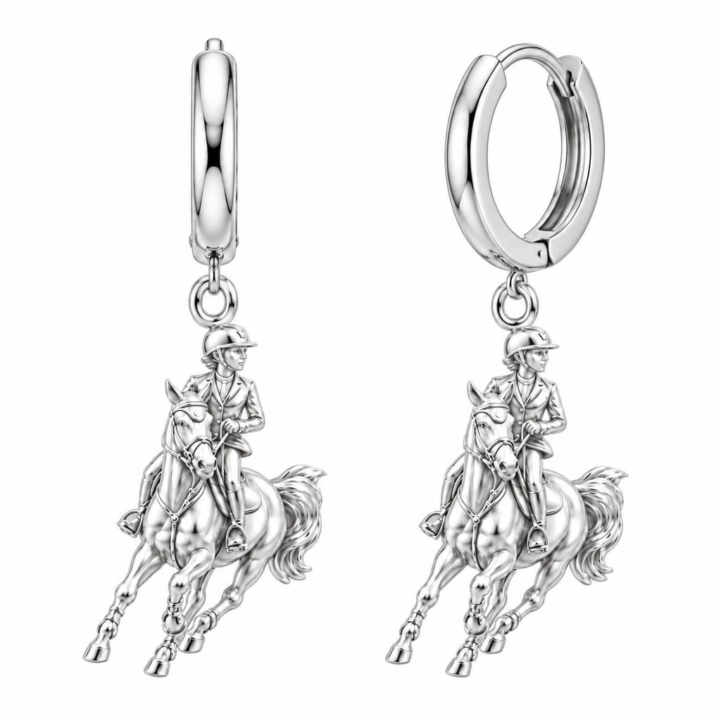 Galloping Rider Huggie Charm Earrings – silver, front view