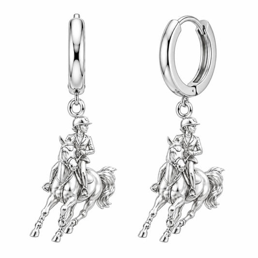 Galloping Rider Huggie Charm Earrings – silver, front view