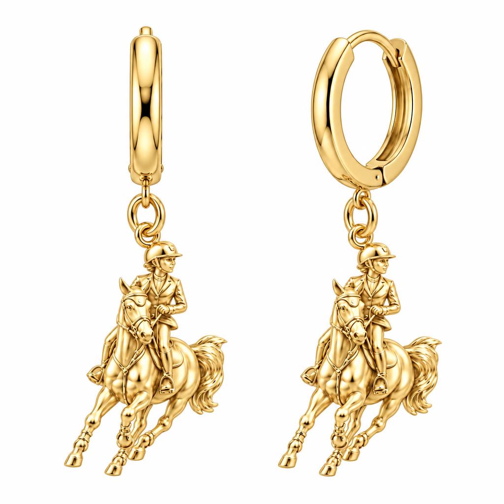Galloping Rider Huggie Charm Earrings – 18K gold, front view