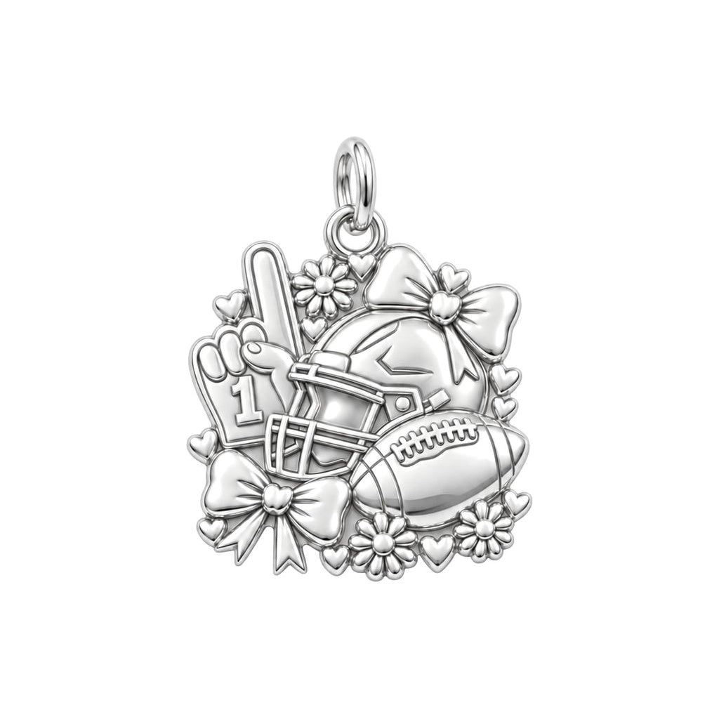 Game Day Bows and Hearts Charm Bracelet – Personalized Mom Gift – silver charm, front view