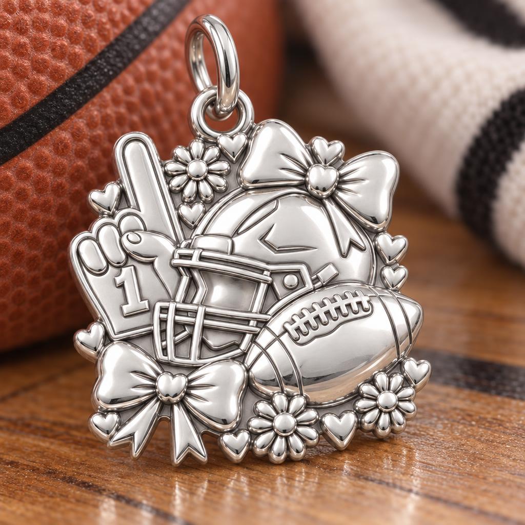 Game Day Bows and Hearts Charm Bracelet – Personalized Mom Gift – macro detail of the charm