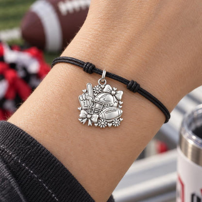 Game Day Bows and Hearts Charm Bracelet – Personalized Mom Gift – worn on the wrist on a black cord bracelet