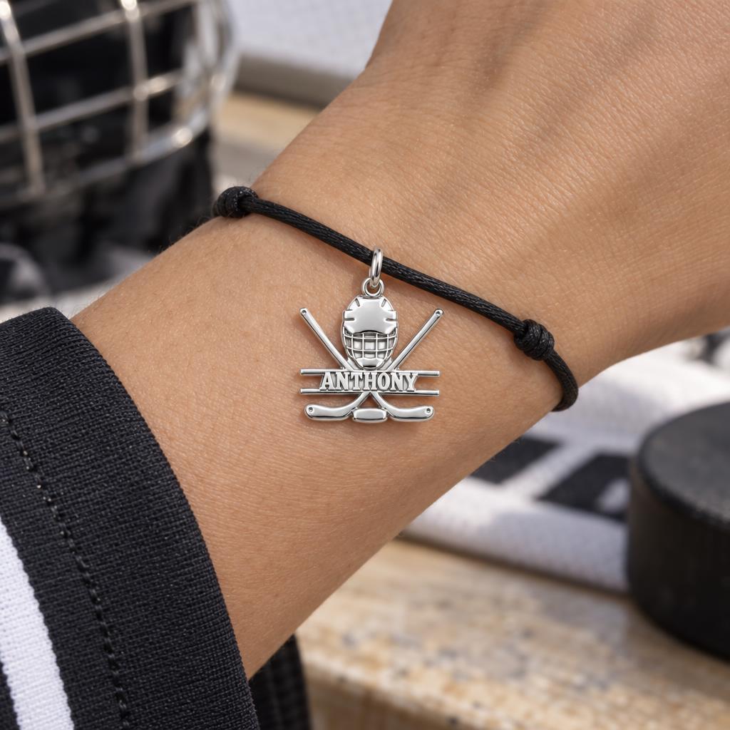 Game Day Goalie Charm Bracelet – Personalized Athlete Gift – worn on the wrist on a black cord bracelet