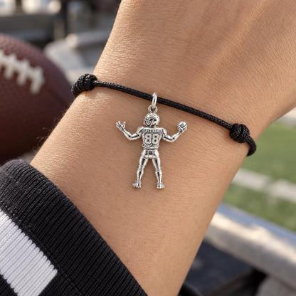 Game Day Gridiron Hero Charm Bracelet – Personalized Mom Gift – worn on the wrist on a black cord bracelet
