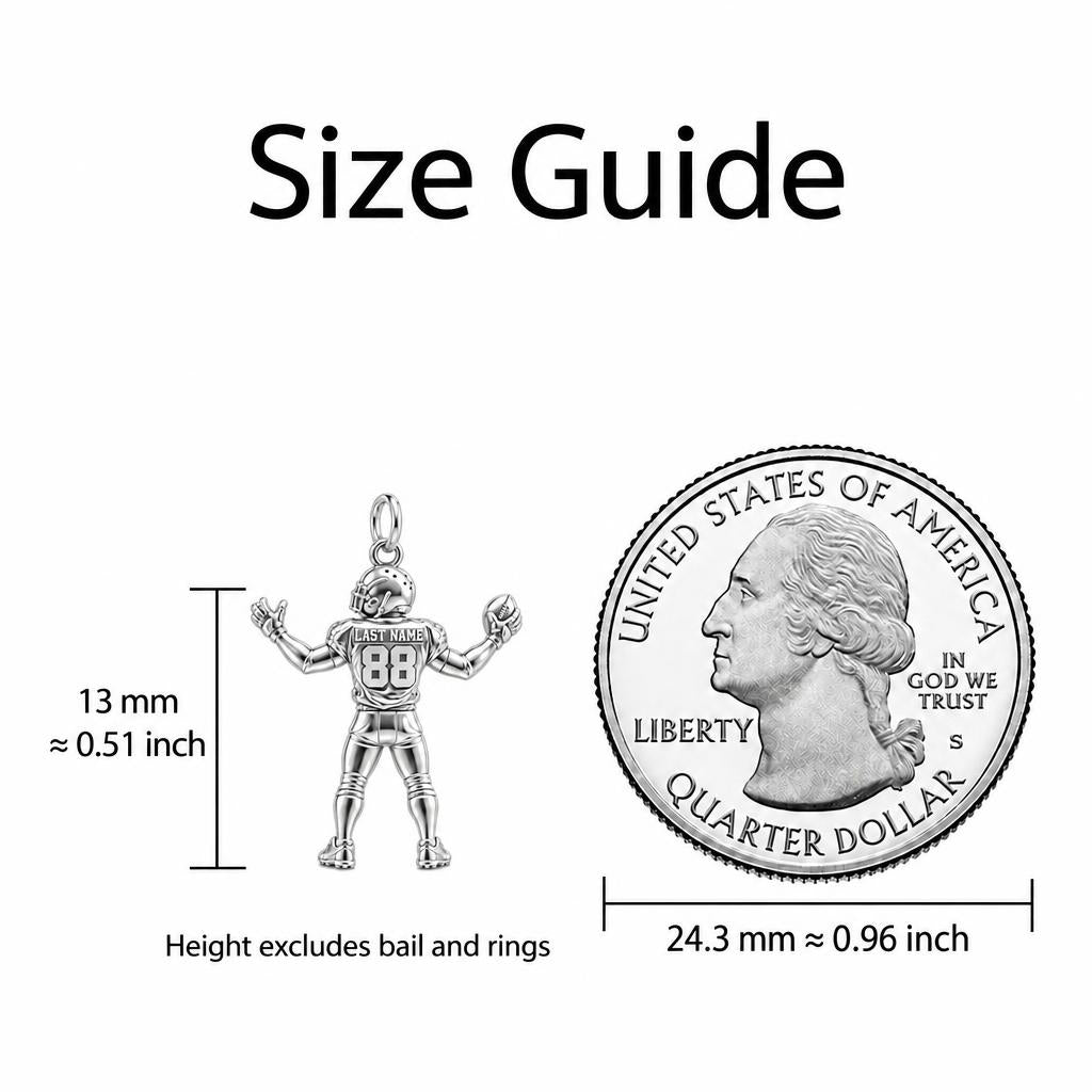 Game Day Gridiron Hero Keepsake Plaque – size guide, 13 mm charm next to a quarter
