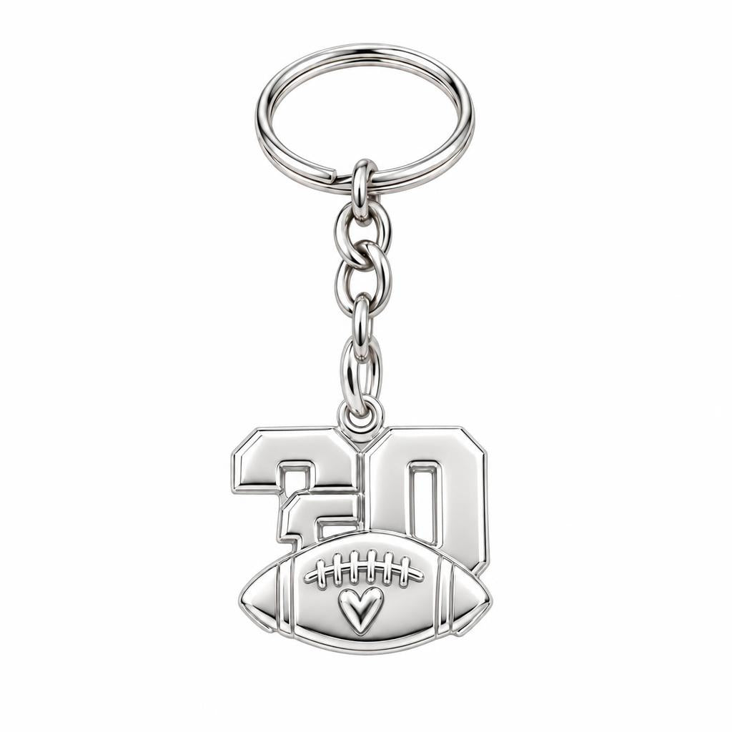 Game Day Heart Football Charm Keychain – silver, front view