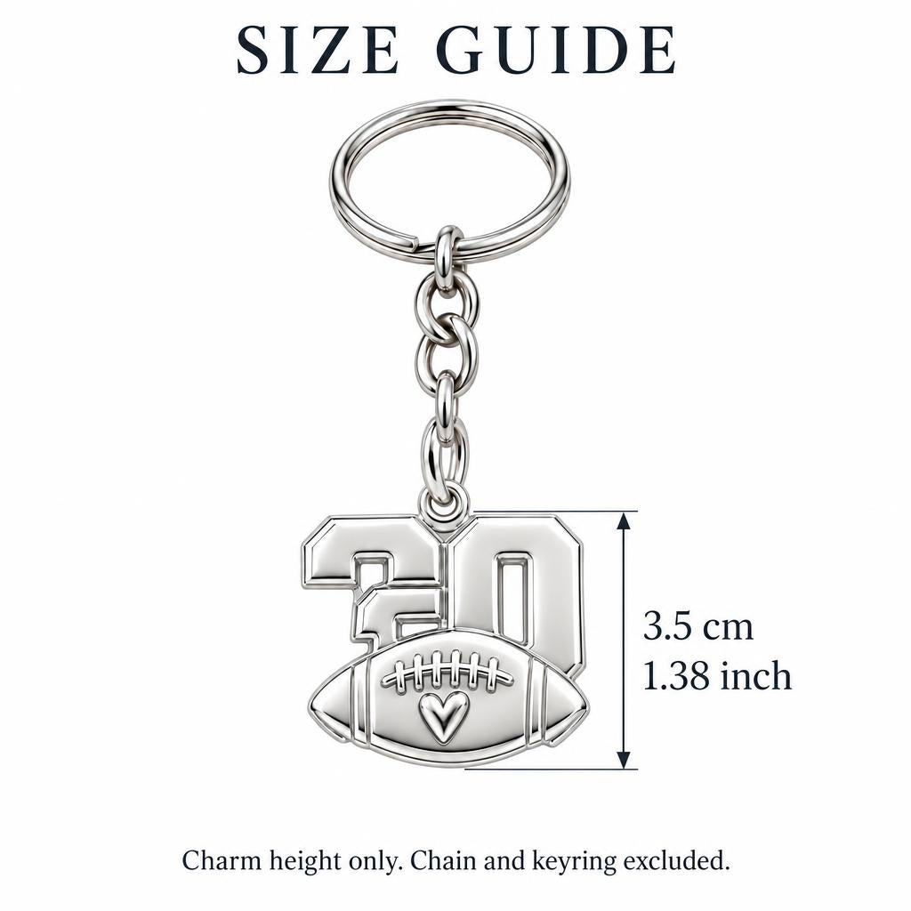 Game Day Heart Football Charm Keychain – size guide, 3.5 cm (1.38 in) charm, chain and keyring excluded