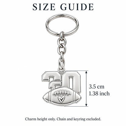 Game Day Heart Football Charm Keychain – size guide, 3.5 cm (1.38 in) charm, chain and keyring excluded