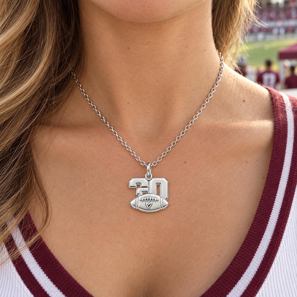 Game Day Heart Football Charm Necklace Set – worn / in use