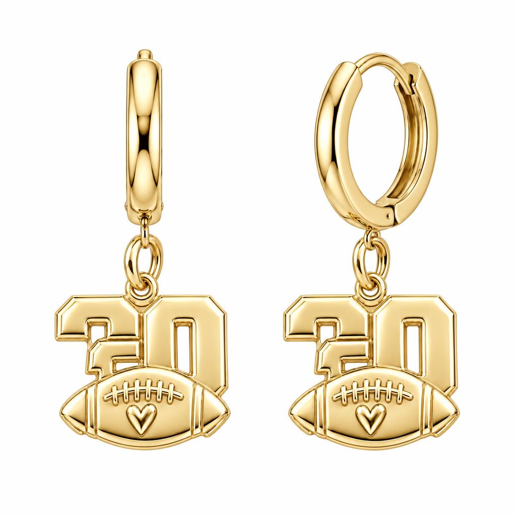 Game Day Heart Football Huggie Charm Earrings – 18K gold, front view