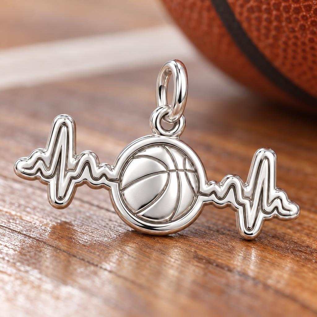 Game Day Heartbeat Charm Bracelet – Personalized Basketball Gift – macro detail of the charm
