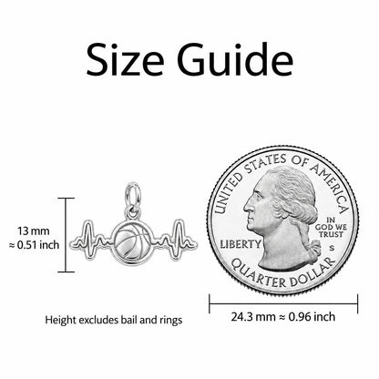 Game Day Heartbeat Charm Bracelet – Personalized Basketball Gift – size guide, 13 mm charm next to a quarter