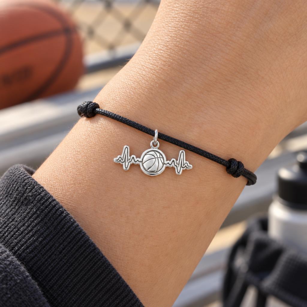 Game Day Heartbeat Charm Bracelet – Personalized Basketball Gift – worn on the wrist on a black cord bracelet