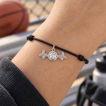 Game Day Heartbeat Charm Bracelet – Personalized Basketball Gift – worn on the wrist on a black cord bracelet