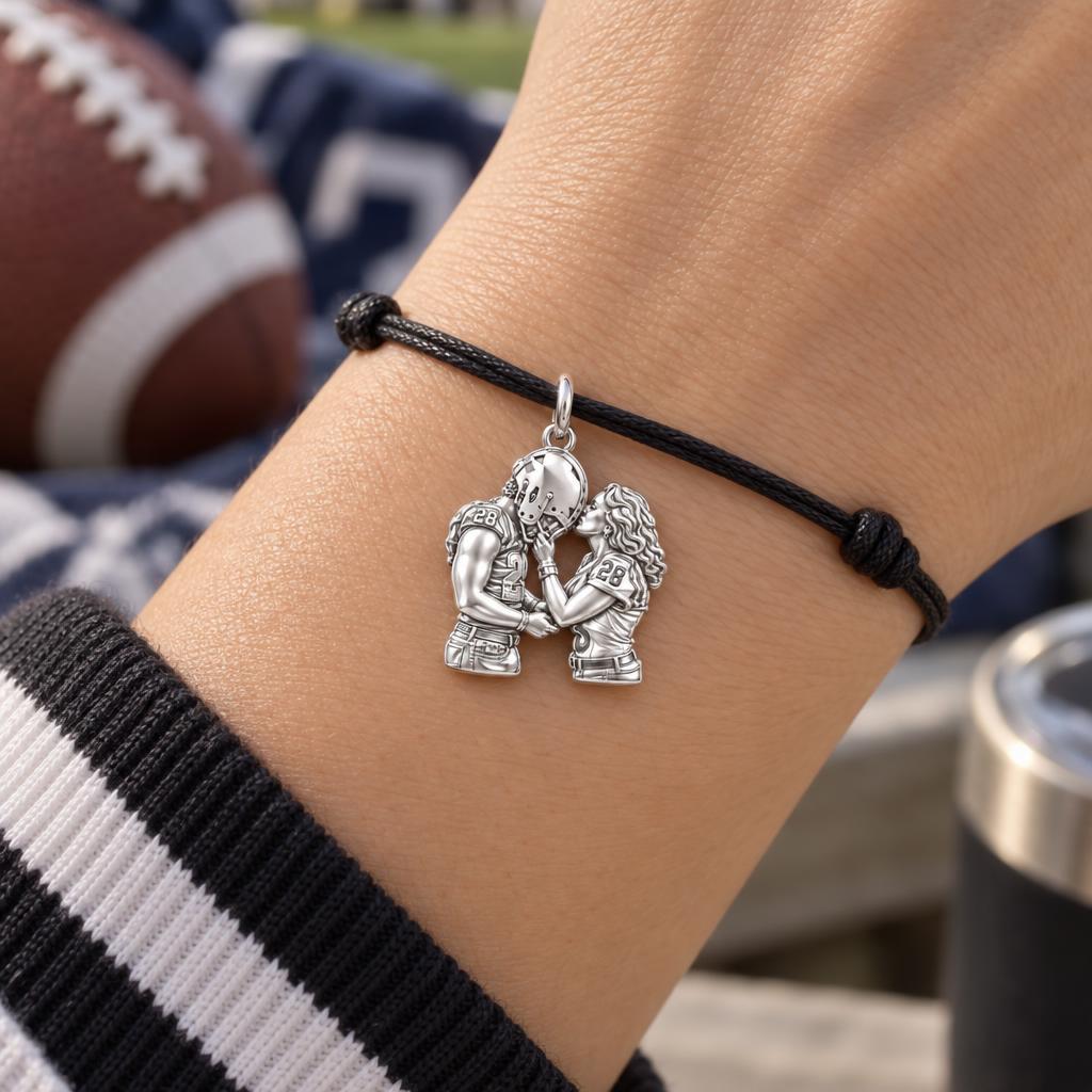 Game Day Kiss Charm Bracelet – Personalized Couple Gift – worn on the wrist on a black cord bracelet